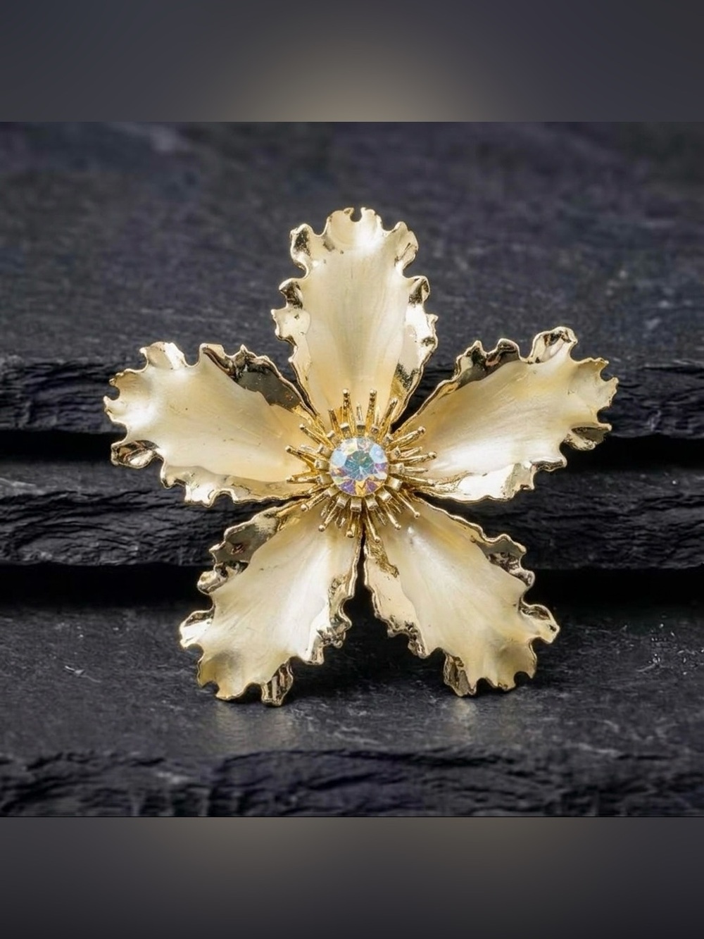 Vintage 60s Mixed Finish Gold Tone Large Hibiscus Flower AB Rhinestone Brooch